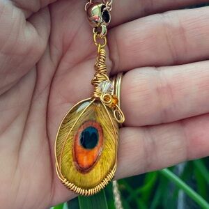 Yellow and orange Peacock glass pendant wirewrapped necklace